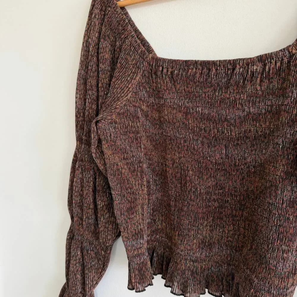Anthropologie Bishop Smocked Metallic Shimmer Bell Sleeve Cropped Blouse Brown M